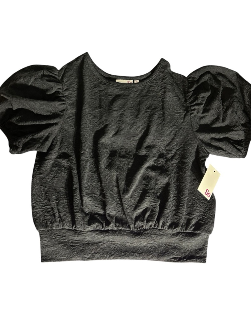 SO Black Puff-Sleeve Textured Crop Top